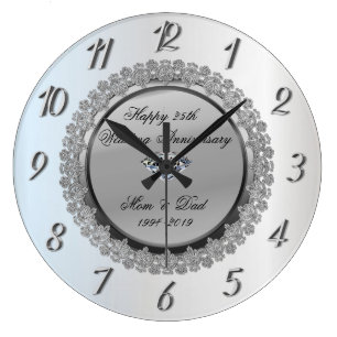 Grande Horloge Ronde Diamant floral argenté25e anniversaire du Mariage