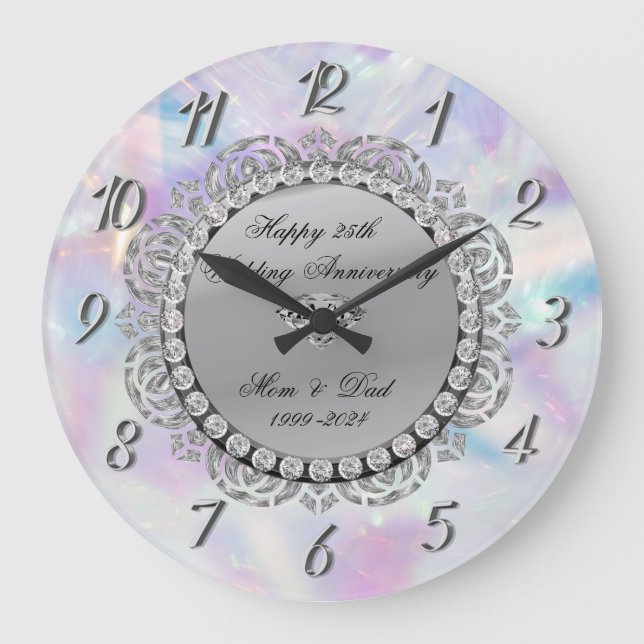 Grande Horloge Ronde Diamants Argentés Holographiques 25 ans de Mariage (Recto)