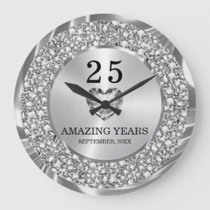 Grande Horloge Ronde Diamants d'argent 25e anniversaire Mariage Grand C