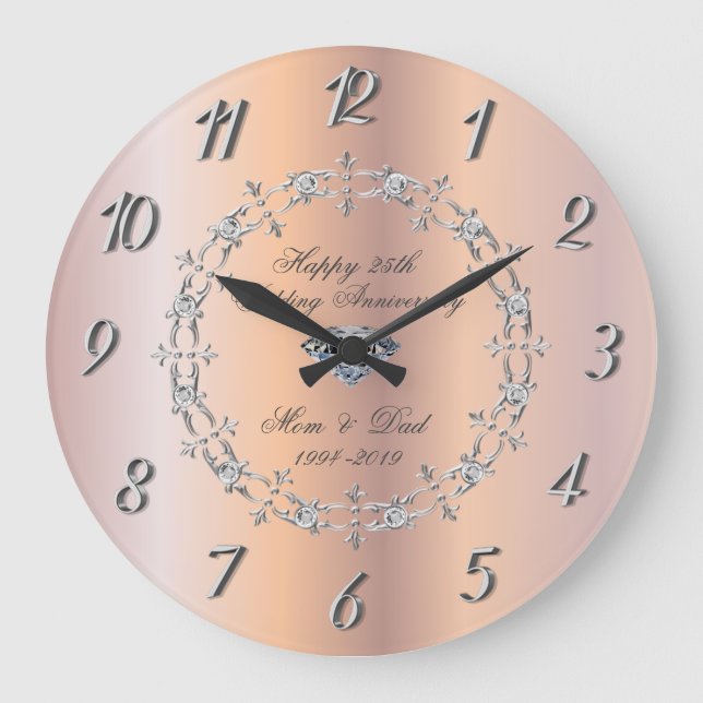 Grande Horloge Ronde Diamants d'argent chic 25e anniversaire Mariage (Recto)