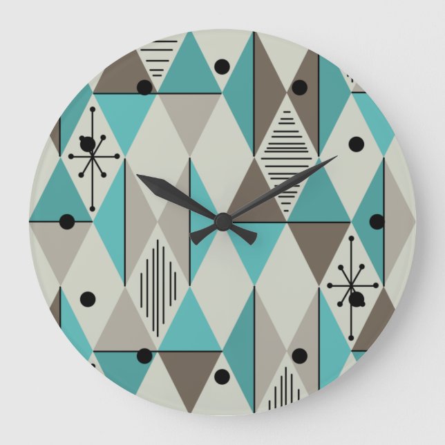 Grande Horloge Ronde Diamants d'art de l'âge atomique gris turquoise (Recto)