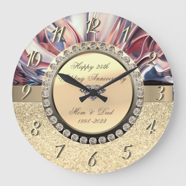 Grande Horloge Ronde Diamants d'or 25e anniversaire Mariage Abstrait (Recto)