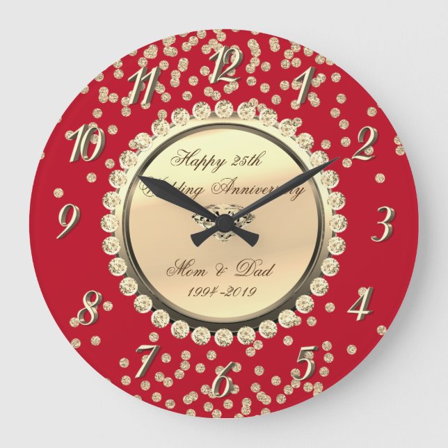 Grande Horloge Ronde Diamants d'or 25e anniversaire Mariage rouge (Recto)