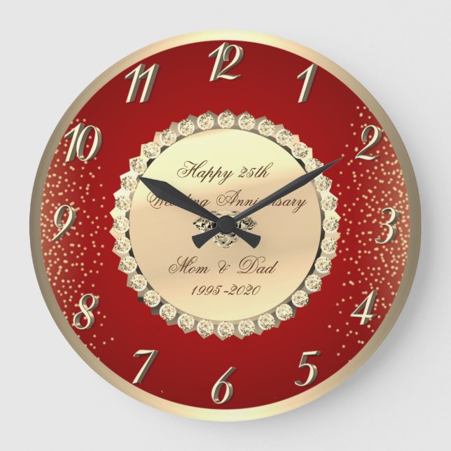 Grande Horloge Ronde Diamants d'or 25e anniversaire Mariage rouge (Recto)