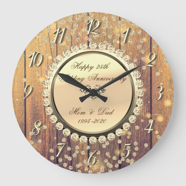 Grande Horloge Ronde Diamants d'or Bois 25e anniversaire Mariage (Recto)