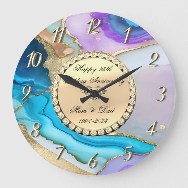 Grande Horloge Ronde Diamants d'or Marbre 25e anniversaire Mariage (Recto)