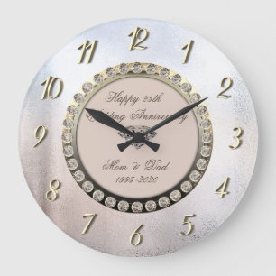 Grande Horloge Ronde Diamants Métallique  25e Anniversaire de Mariage
