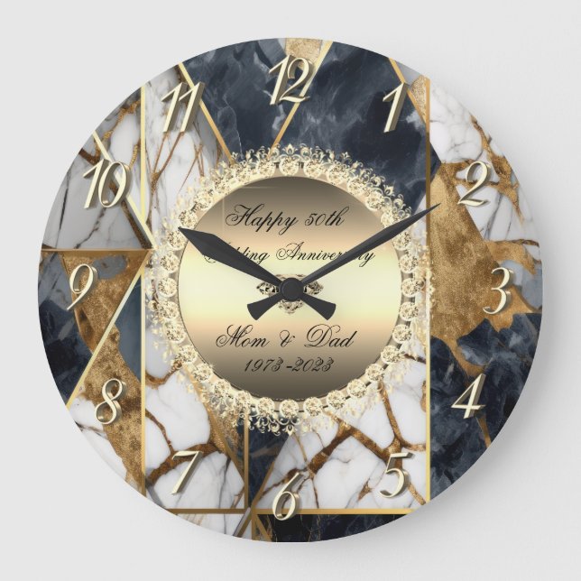 Grande Horloge Ronde Diamants Noir Marbre Abstrait 50e Mariage (Recto)