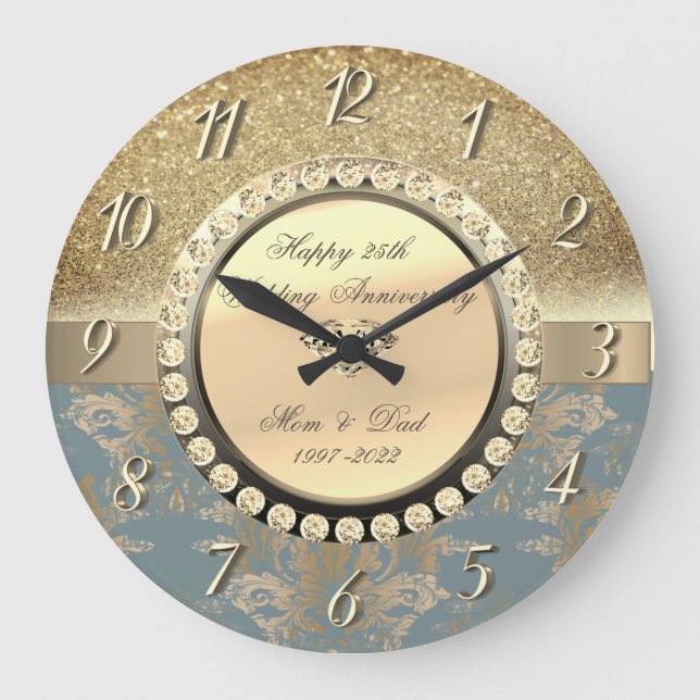 Grande Horloge Ronde Diamants Pailletés Damassé  25e Anniversaire de Ma (Recto)
