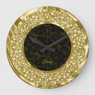 Grande Horloge Ronde Diamants Pailletés Noir & Doré Glitter-Monogramme