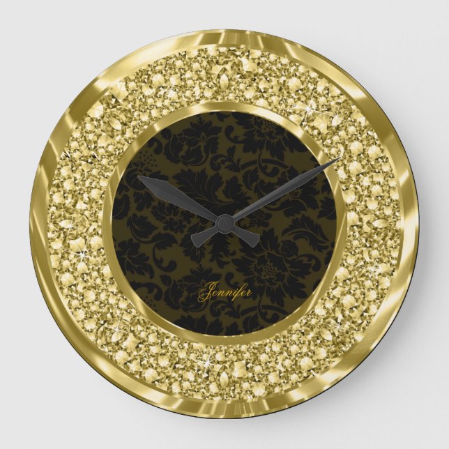 Grande Horloge Ronde Diamants Pailletés Noir & Doré Glitter-Monogramme (Recto)