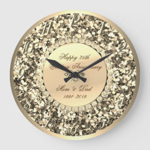 Grande Horloge Ronde Diamants Pailletés Or 25e Anniversaire de Mariage