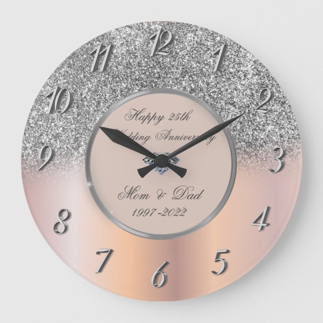 Grande Horloge Ronde Diamants Parties scintillant d'argent 25 ans Maria (Recto)