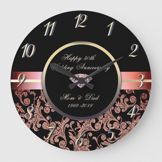 Grande Horloge Ronde Diamond Glitter Swirls 50e anniversaire de mariage (Recto)