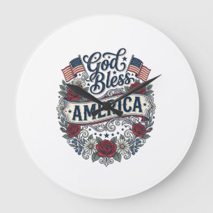 Grande Horloge Ronde Dieu bénisse l'Amérique Floral Patriotique Vintage