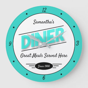 Grande Horloge Ronde Diner N'Importe Quel Nom Date Retro Turquoise Noir