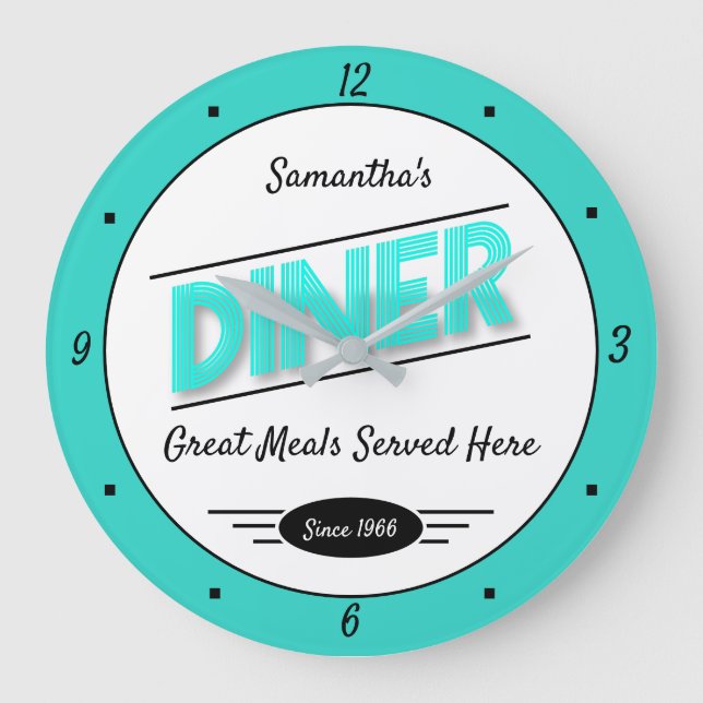 Grande Horloge Ronde Diner N'Importe Quel Nom Date Retro Turquoise Noir (Recto)