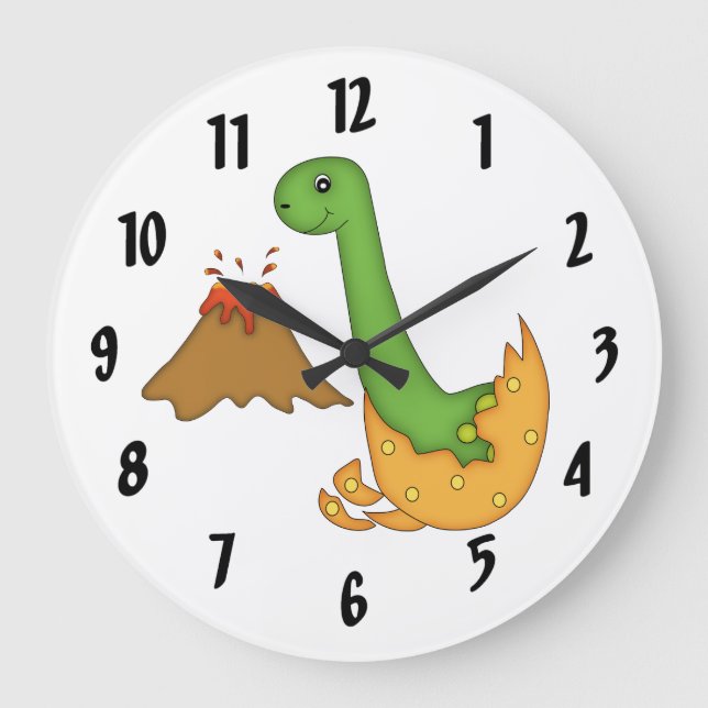 Grande Horloge Ronde Dinosaure et volcan orange mignon/grands nombres (Recto)