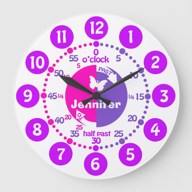 Grande Horloge Ronde Dites heure filles rose pourpre nom d'apprentissag (Recto)
