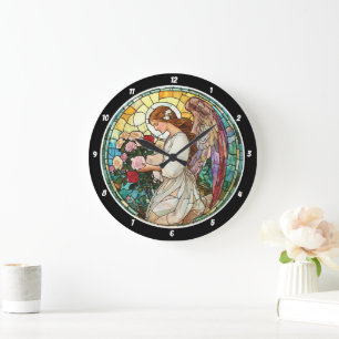Grande Horloge Ronde Divin Rose Rayon Tiré Verre Angle Mur