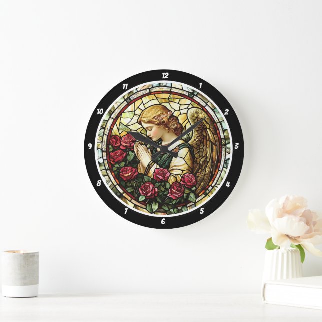 Grande Horloge Ronde Divine prière Rose Vitrail Angel (Maison)