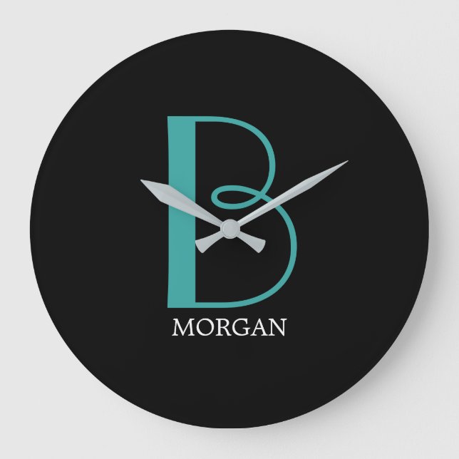 Grande Horloge Ronde DIY grand monogramme et nom, texte sarcelle/blanc, (Recto)
