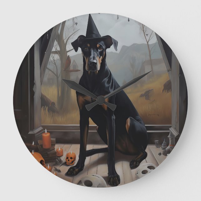 Grande Horloge Ronde Doberman Citrouille Halloween effroi (Recto)