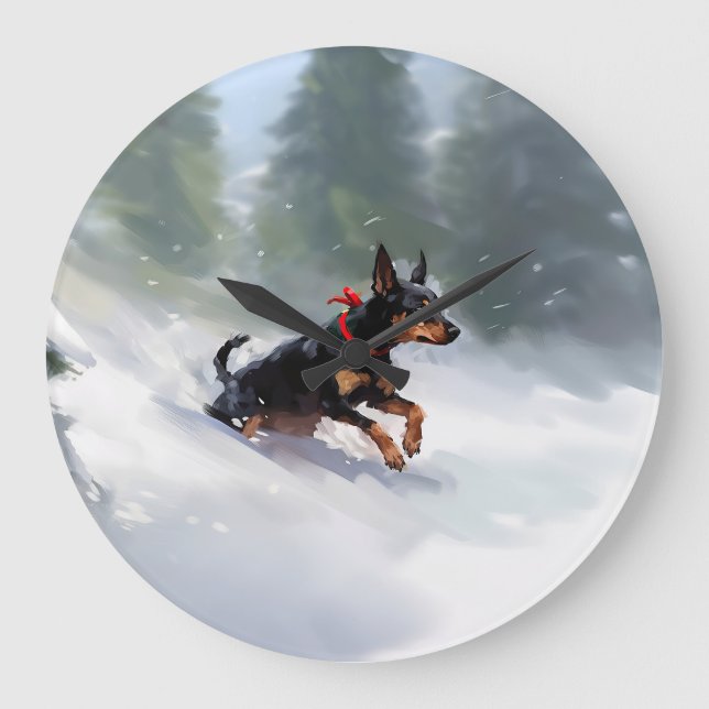 Grande Horloge Ronde Doberman Pinscher neige de Noël hiver (Recto)