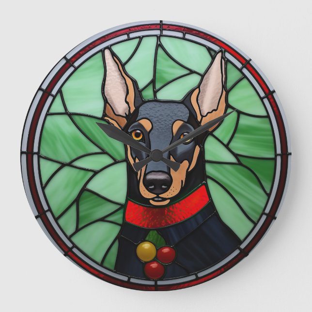 Grande Horloge Ronde Doberman Pinscher Vitrail Noël (Recto)