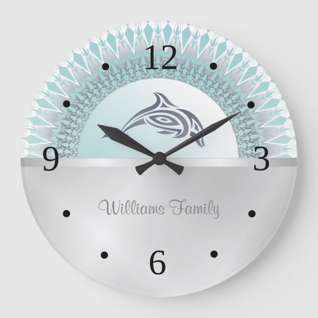 Grande Horloge Ronde Dolphin Mandala Silver Coastal Nom de famille (Recto)