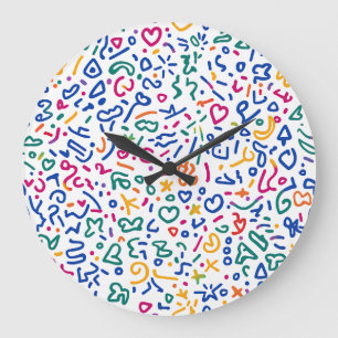 Grande Horloge Ronde Doodle amusant coloré formes vibrantes