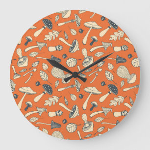 Grande Horloge Ronde Doodle champignons Vintage papier peint sans coule
