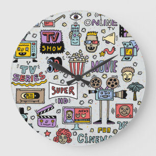 Grande Horloge Ronde Doodles de série TV : Drôle ensemble Vintage.