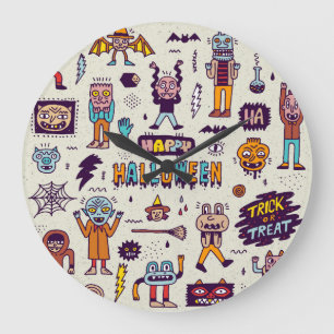 Grande Horloge Ronde Doodles d'Halloween, bande dessinée délirante sans
