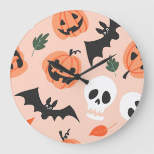Grande Horloge Ronde Doodles d'Halloween, citrouilles, chauves-souris m