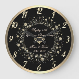 Grande Horloge Ronde Dots Confetti d'or 25e anniversaire Mariage noir