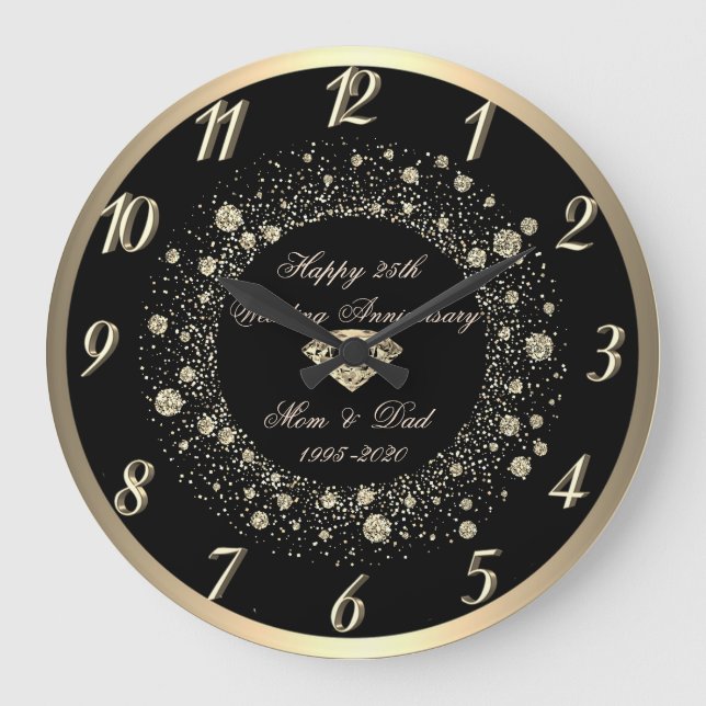 Grande Horloge Ronde Dots Confetti d'or 25e anniversaire Mariage noir (Recto)
