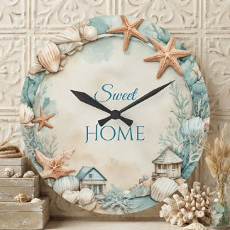 Grande Horloge Ronde Douce Maison Décor Tropicale Étoile de Mer Côte de