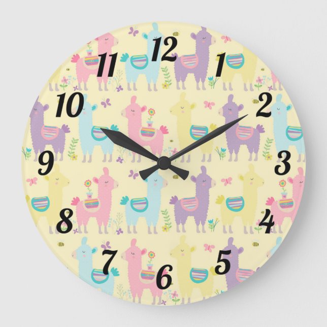 Grande Horloge Ronde Doux Llamas Rose Jaune Violet Bleu (Recto)