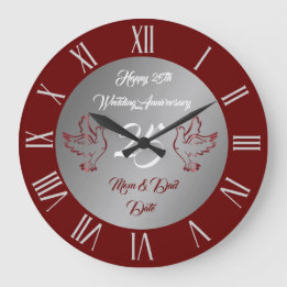 Grande Horloge Ronde Dove Personnaliser Joyeux Argent 25e Anniversaire