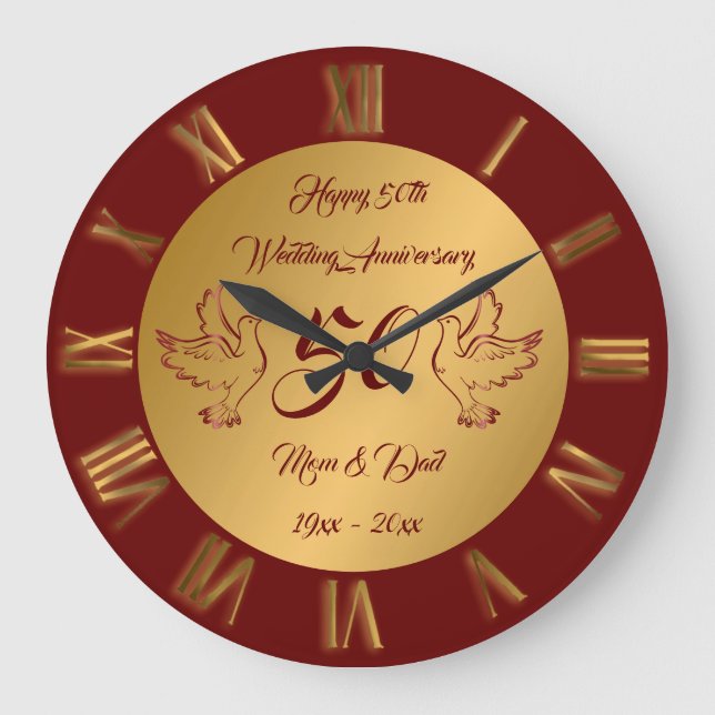 Grande Horloge Ronde Dove Personnaliser Joyeux Or 50e Anniversaire (Recto)