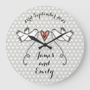 Grande Horloge Ronde Doves blanches personnalisées Mariage Cadeau Acryl