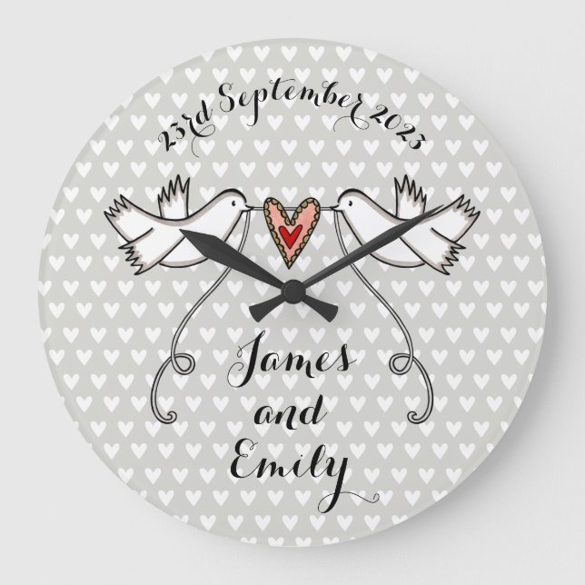 Grande Horloge Ronde Doves blanches personnalisées Mariage Cadeau Acryl (Recto)