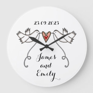 Grande Horloge Ronde Doves blanches personnalisées Mariage Cadeau Acryl