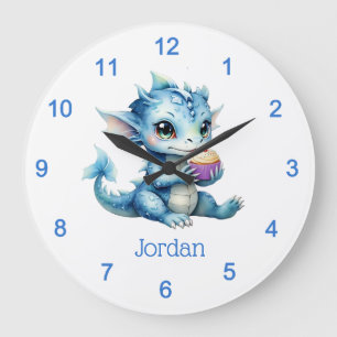 Grande Horloge Ronde Dragon Bébé Bleu Mange un Cupcake