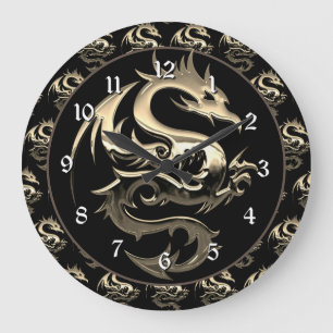 Grande Horloge Ronde Dragon Métallique Doré