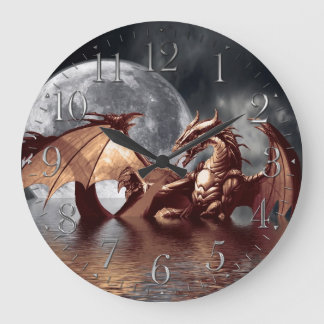 Grande Horloge Ronde Dragon & Moon Fantasy Wall Clock