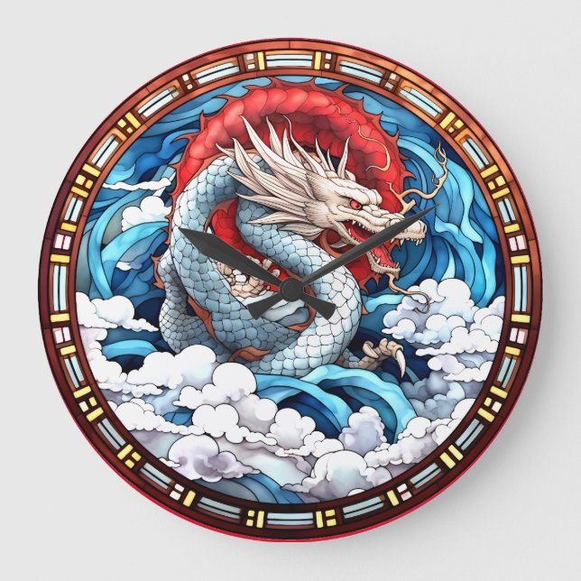 Grande Horloge Ronde Dragon mythique asiatique en rouge et bleu (Recto)