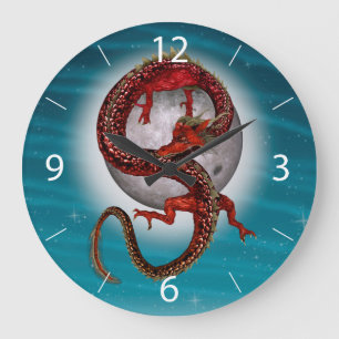 Grande Horloge Ronde Dragon Oriental Rouge - Créature Fantastique Mythi