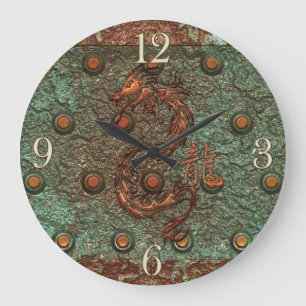 Grande Horloge Ronde Dragon Steampunk sur plaque d'acier